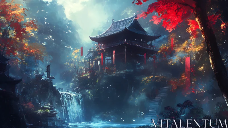 Misty mountainside temple amid red autumn forest cascade.