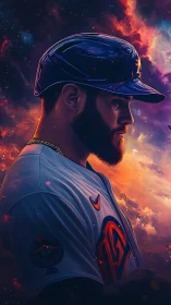 Cosmic-lit baseball player stands ready in glowing nebula sky