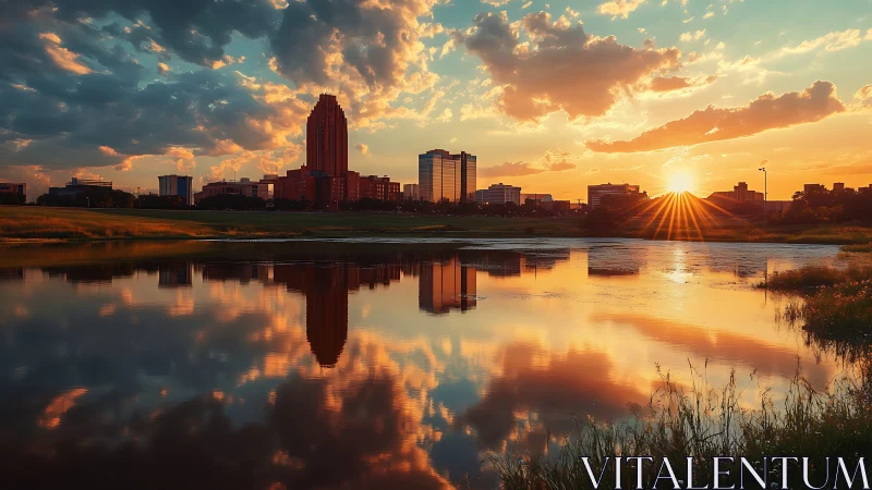 Urban skyline mirrored in a sunset-illuminated lakeside panorama