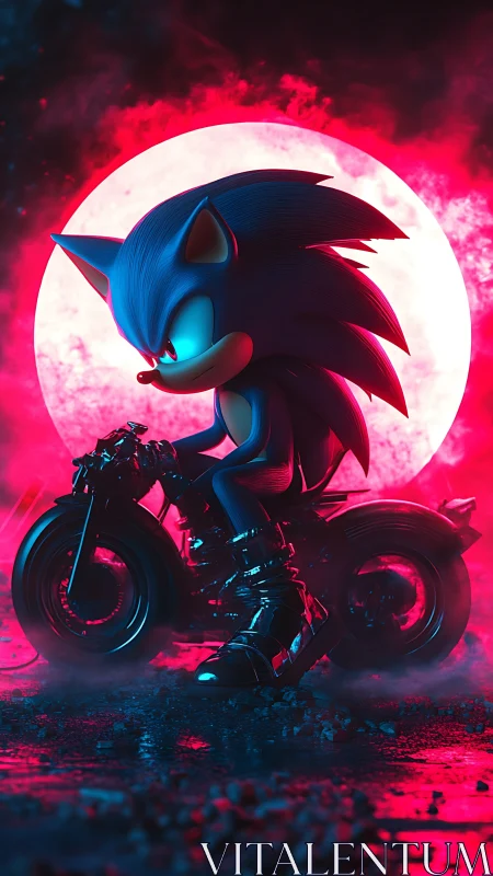 3D neon-lit hedgehog biker against lunar backlight composition.