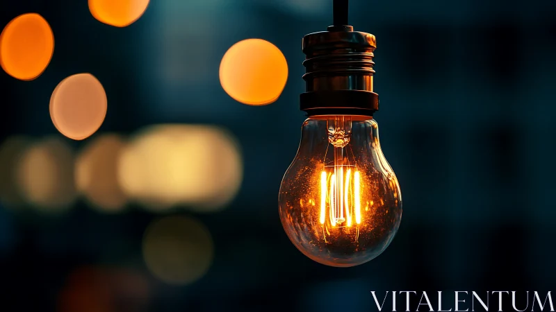 Incandescent bulb close-up with glowing filaments and bokeh orbs