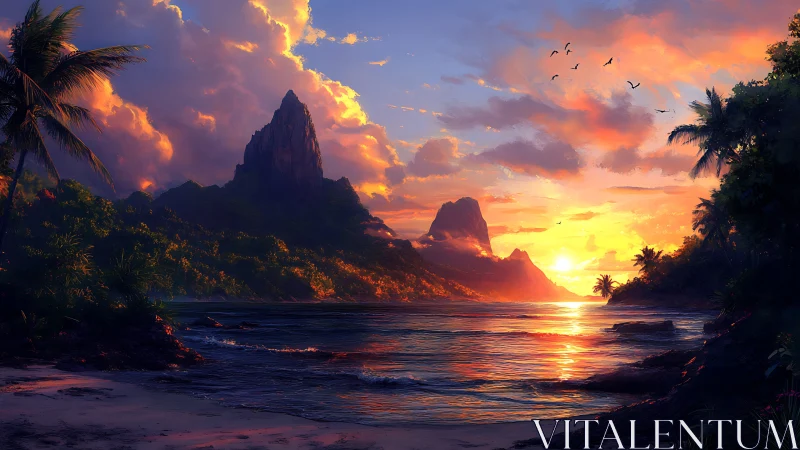 Tropical Sunset with Volcanic Peaks and Layered Sky.