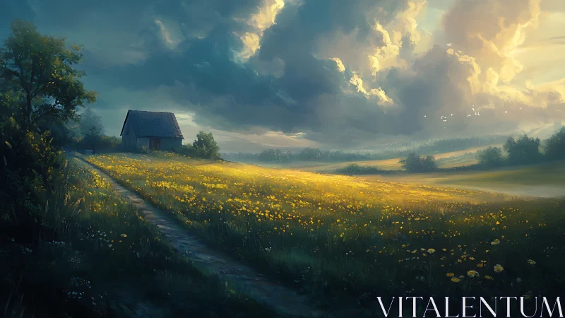 Sunlit wildflower meadow leading toward distant cottage.