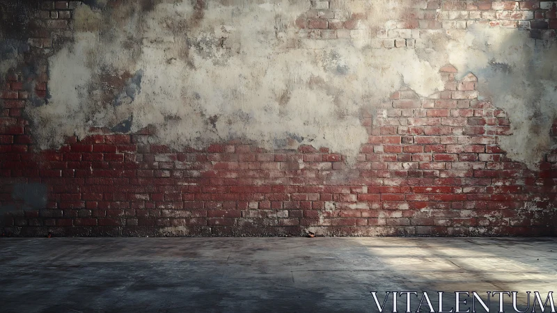 Weathered brick wall with partial plaster and concrete floor