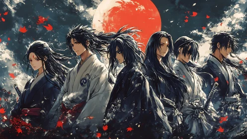 Moonlit samurai brothers gather beneath a burning crimson sky.