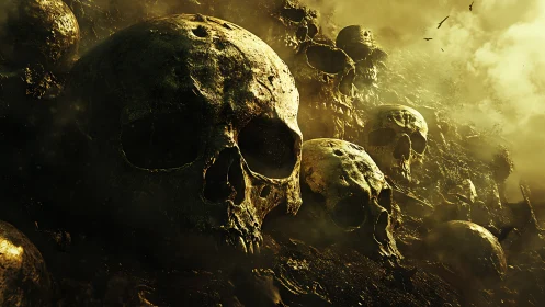 Skulls lie densely packed on a fog-covered eroded slope