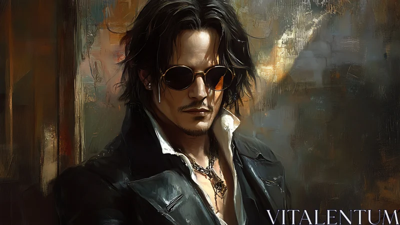 Brooding sunglasses rebel in painterly leather portrait.