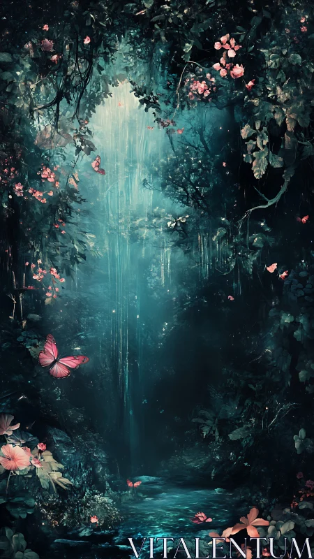 Enchanted bioluminescent ravine with ethereal butterflies