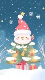 Cute snowman tree illustration with gifts in snow.