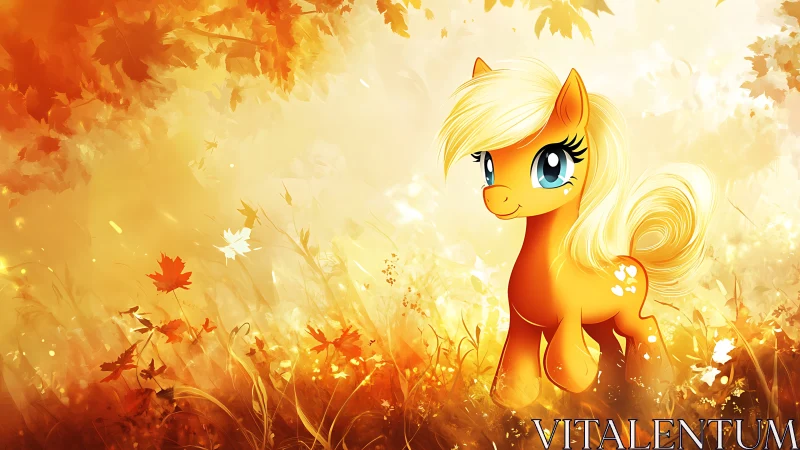 Orange cartoon pony in stylized autumn meadow landscape.