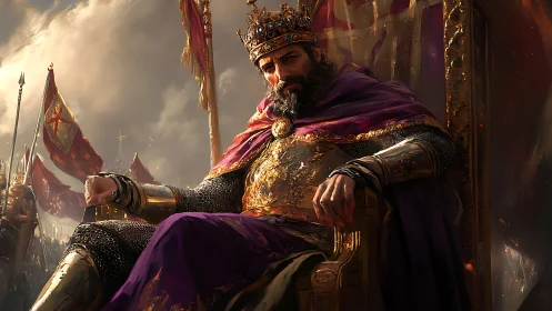 Crowned warrior king resting in a sea of battle banners.