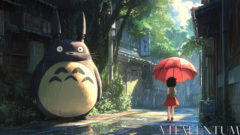 Giant forest creature and girl share rainy alley moment.