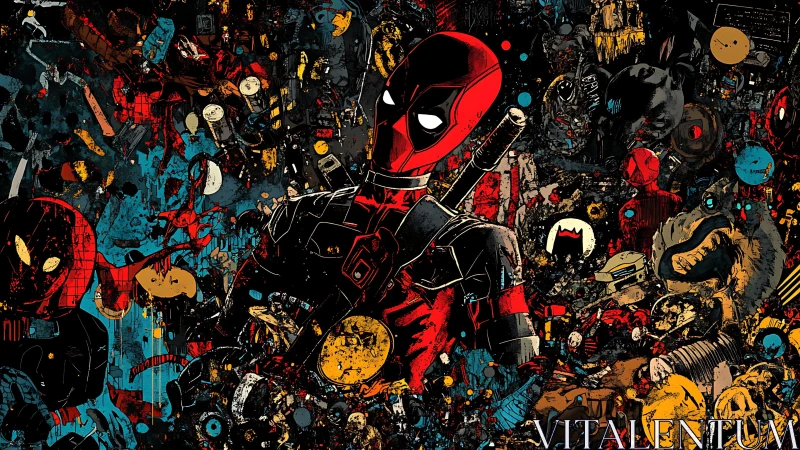 Masked antihero in chaotic comic graffiti environment.