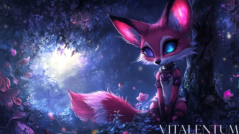 Pink fantasy fox with glowing eyes in moonlit forest.