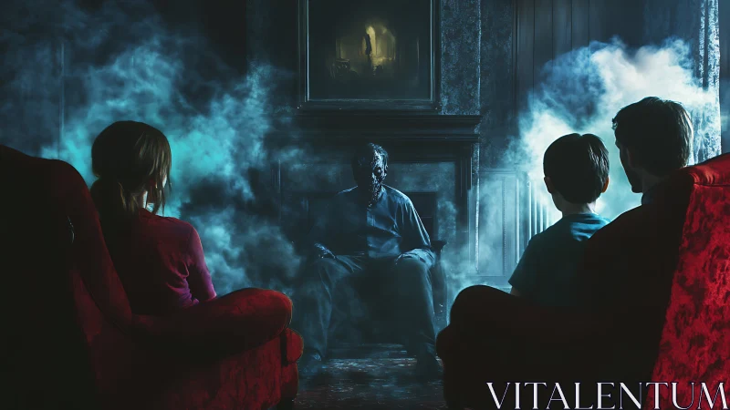 Family in red armchairs confronting spectral figure in smoke