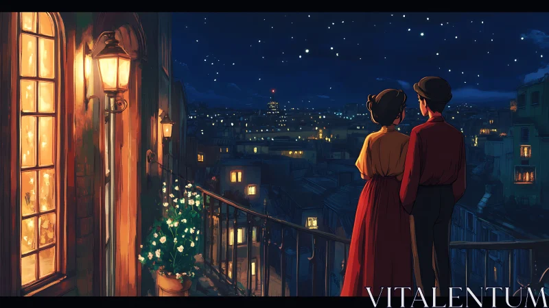 Couple stands on balcony overlooking illuminated night city