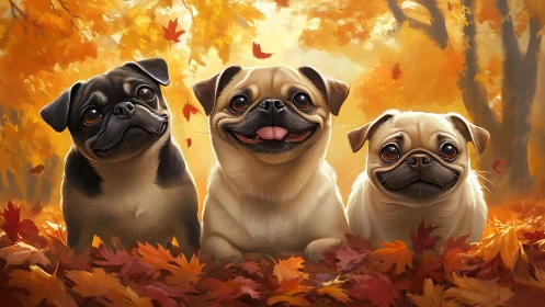 Digital painting of three pugs in warm autumn foliage focus.
