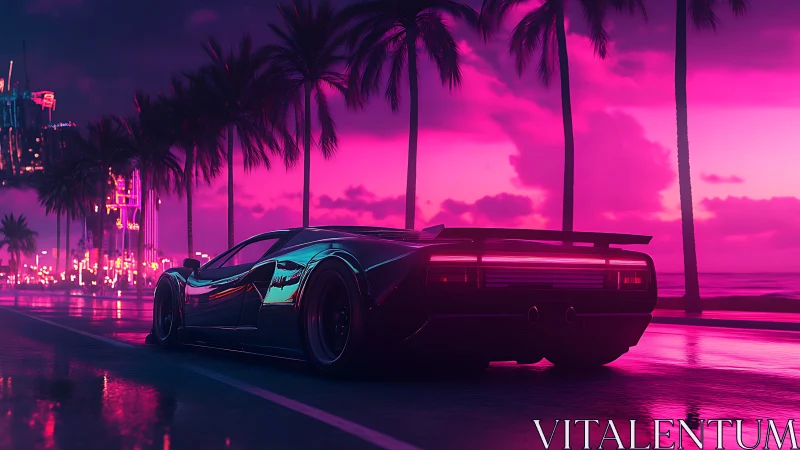 Neon supercar on cyberpunk palm coast at dusk.