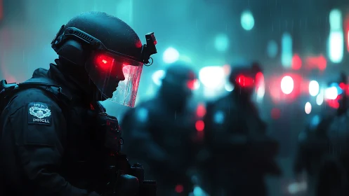 Armored cyber police advance through neon drenched rain