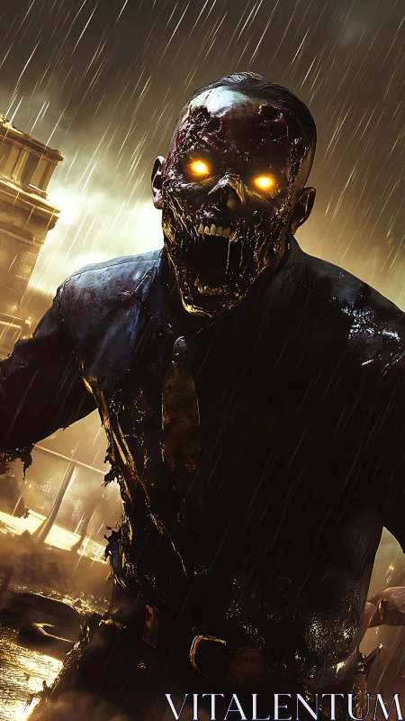Rain-soaked glowing-eyed zombie strides through a ruined street
