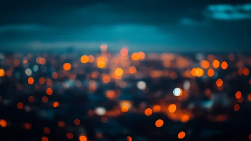 Defocused urban skyline generates circular bokeh from city lights