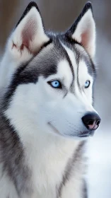 Bright blue eyed husky gazes calmly across a snowy day