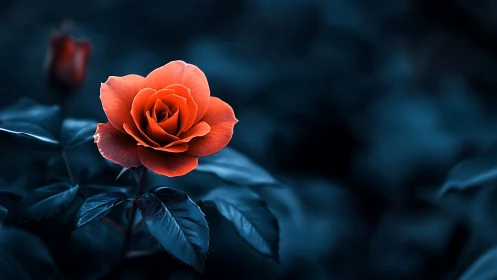 Red rose with blue foliage and dark background.