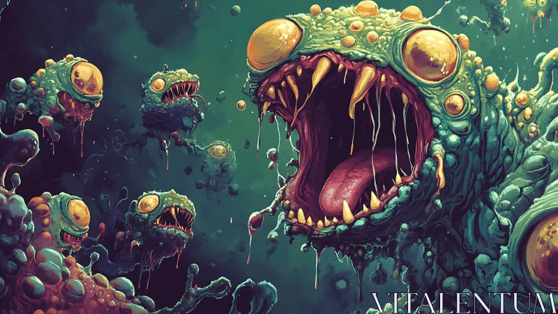 Grotesque cosmic monsters roar in a surreal alien swarm