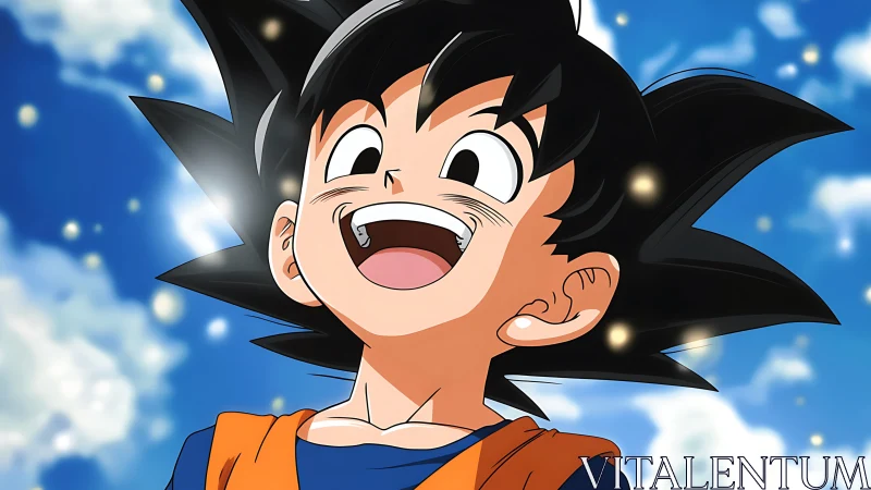 Joyful spiky-haired boy under luminous blue sky. Period.