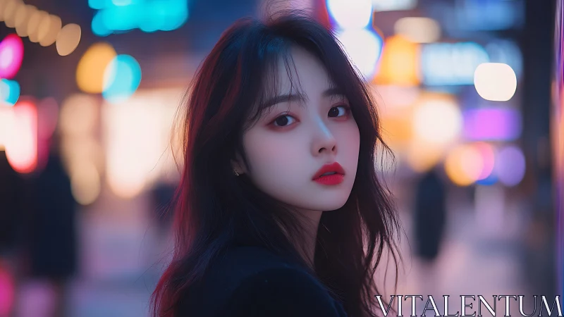 Young woman stands under neon city lights at twilight