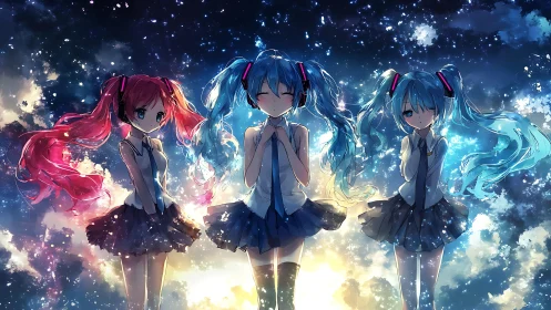 Triad of luminous twin-tailed idols in cosmic nebula.