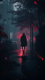 Silhouetted figure walks through neon rain on a lonely street.