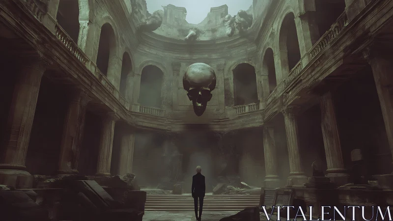 Quiet visitor in a ruined hall beneath a watching skull.