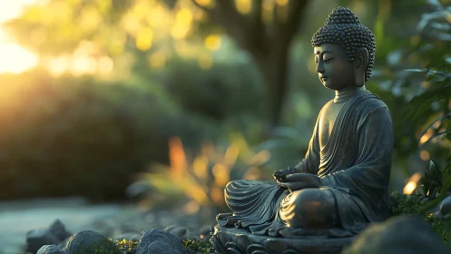 Bronze Buddha statue sits in soft sunset garden light