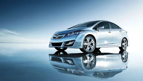 Silver sedan glides across a mirror horizon like bottled lightning