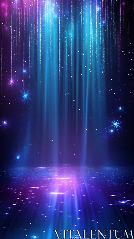 Neon light curtains cascade over reflective starfield floor