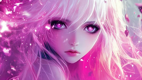 Iridescent anime portrait renders luminous magenta gaze in focus