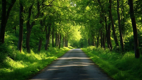 Emerald Cathedral of Light. Sunlit Tree-Lined Path.