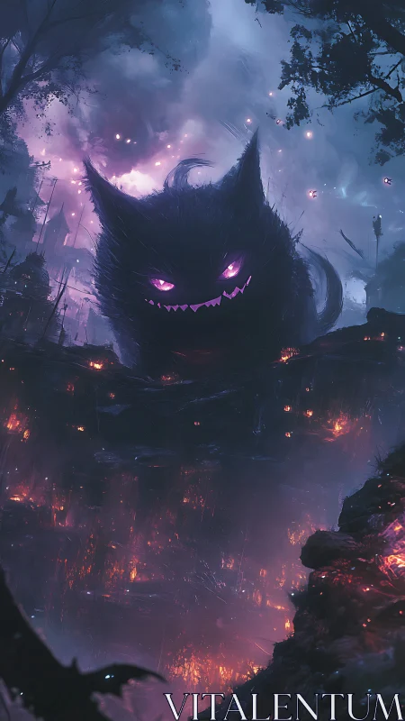 Spectral feline silhouette dominates a smoldering infernal canyon