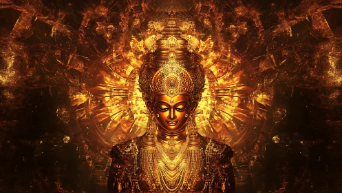 Radiant golden deity portrait with ornate fractal halo.