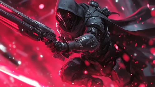 Cybernetic rogue in red-lit combat vortex mid-leap.