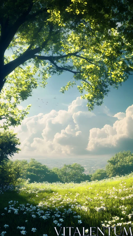 Sunlit hillside meadow beneath luminous spring canopy.