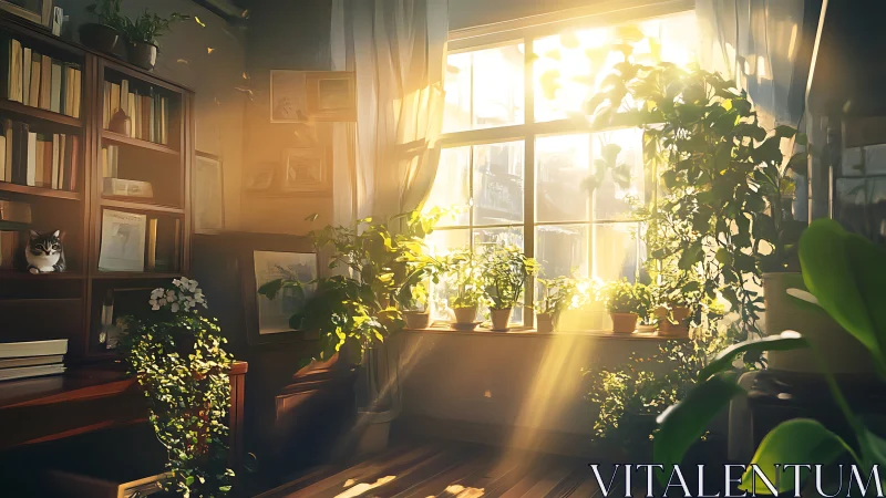 Sunlit home library window with houseplants and cat.