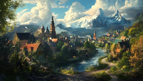 Sunlit riverside village cradled beneath snowy peaks.