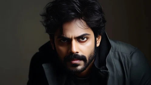 Intense bearded man in moody light with steady, focused gaze.