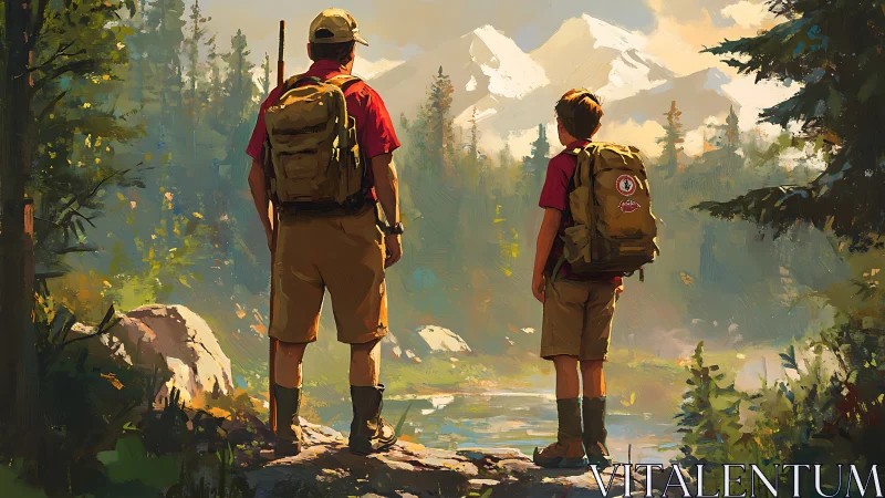 Father and son backpackers viewing alpine lake and peaks.