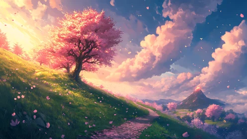 Sunlit cherry blossom hillside unfolds toward glowing mountain