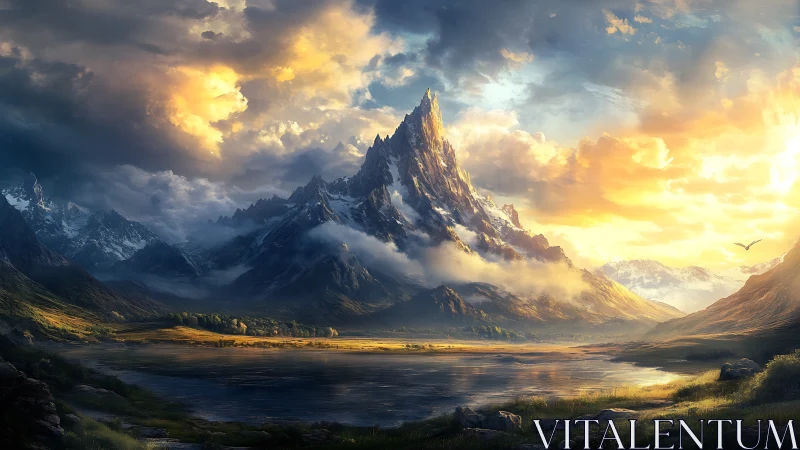 Dynamic alpine peak under volumetric sunrise illumination and fog