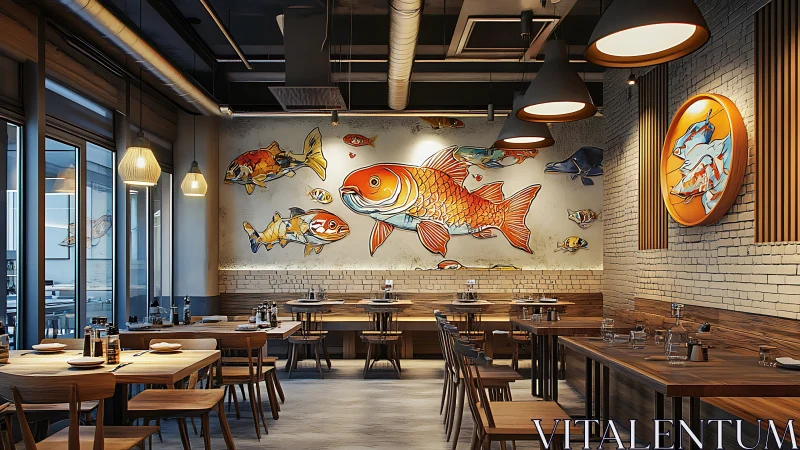 Contemporary seafood restaurant interior with koi mural