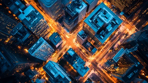 Aerial night grid exposes neon-lit orthogonal city corridors